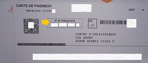 Détail d'une carte de paiement d'amende en version papier avec  numéro de télépaiement visible