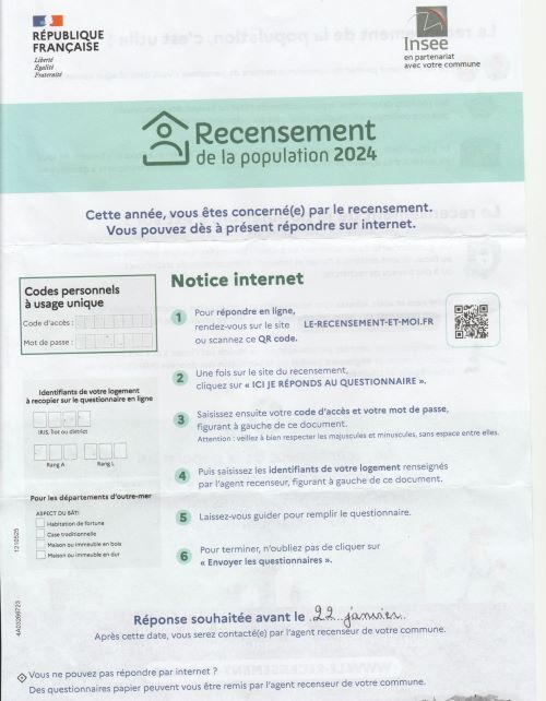 Lettre Notice de recensement reçue en boîte aux lettres avec identifiants nécessaires<br> pour accéder au questionnaire en ligne
