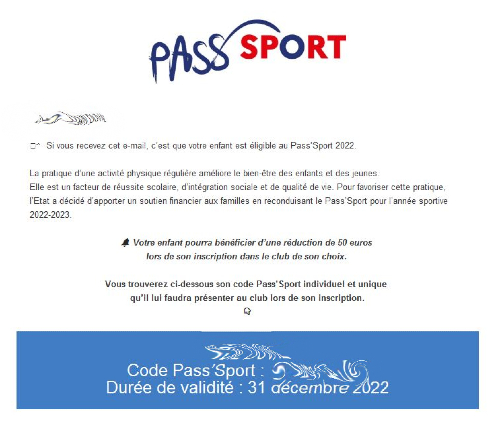 Nouveau mail avec code Pass Sport reçu pour chaque enfant